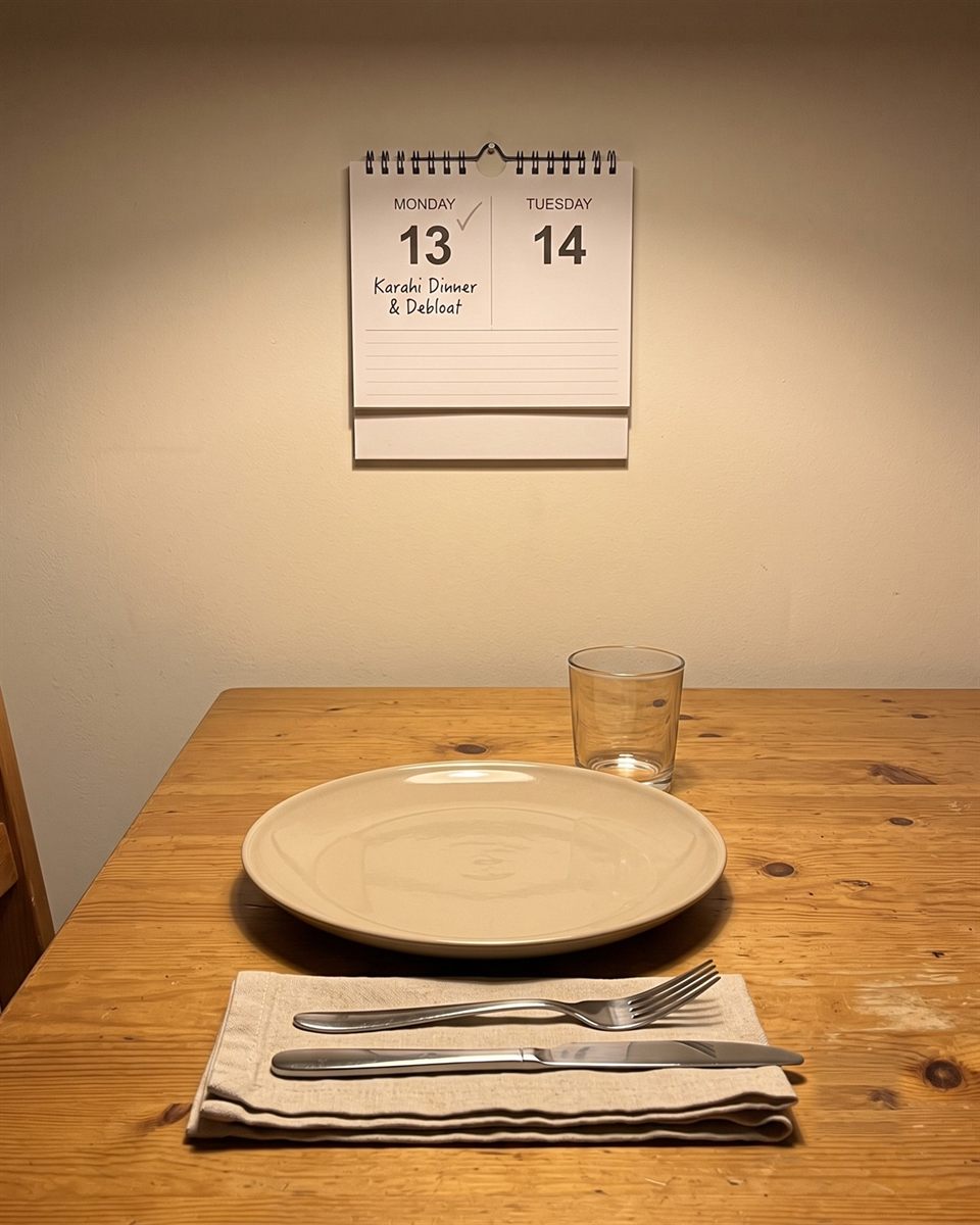 A table laid for dinner again the next night, a calendar on the wall behind