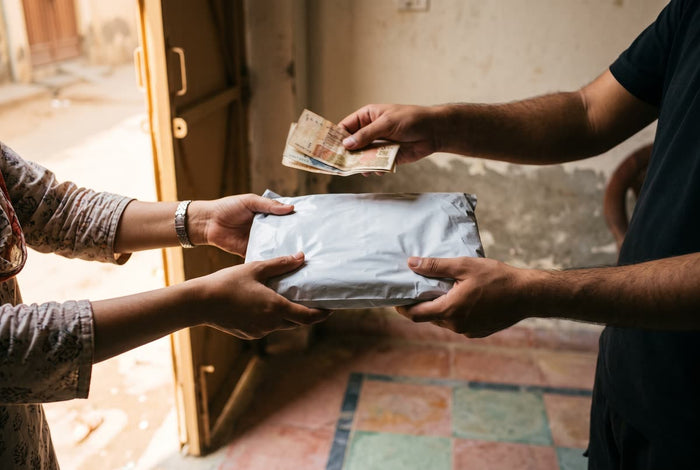 Hands exchanging Pakistani banknotes for a sealed courier parcel at a doorway