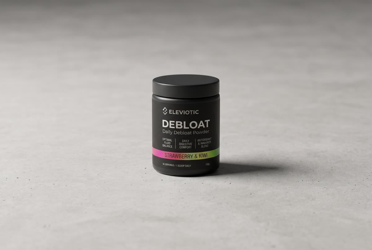 A single tub of Debloat on a wide concrete surface, half in shadow