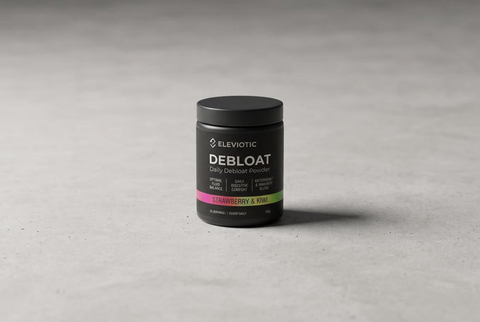 A single tub of Debloat on a wide concrete surface, half in shadow