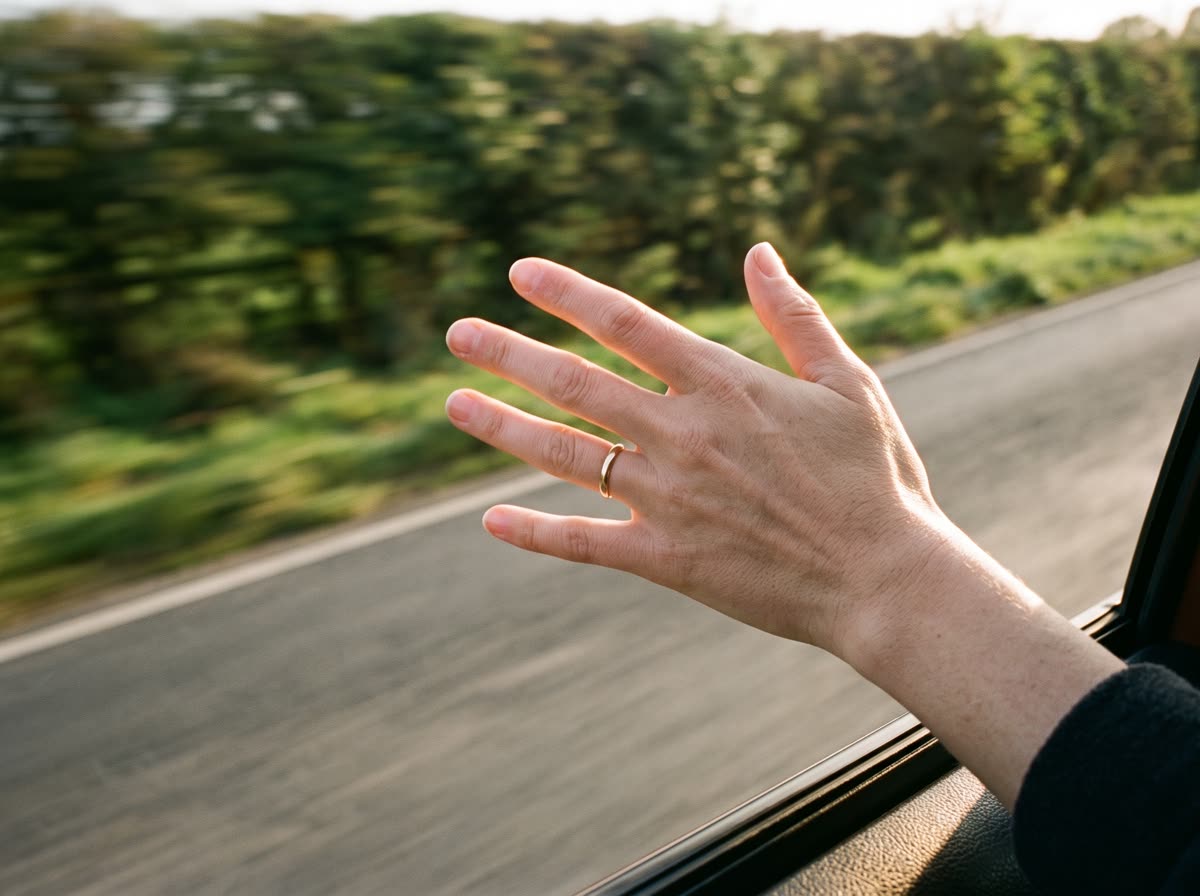 A hand held flat in the airflow outside a moving car window