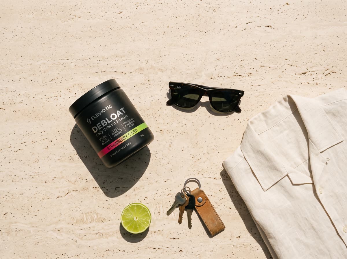 A tub of Debloat on warm stone beside sunglasses, keys, a halved lime and a linen shirt