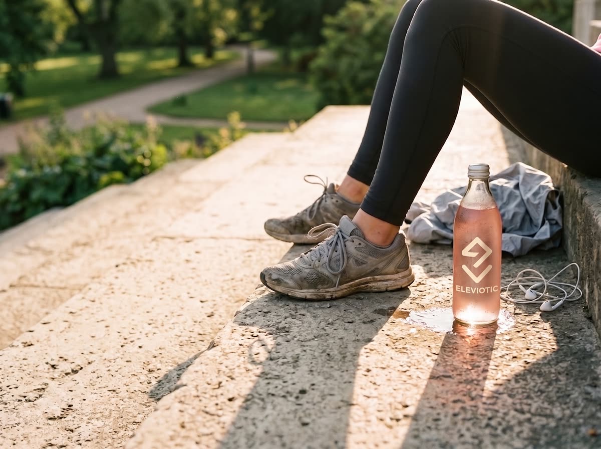 Worn running shoes and a glass bottle of mixed Debloat on a sunlit stone wall