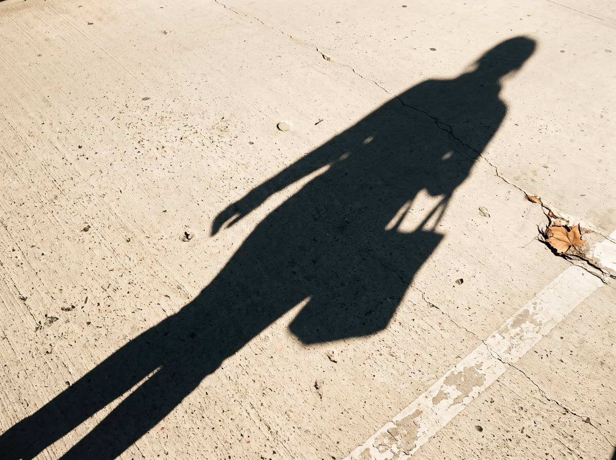 A long shadow stretched across pale concrete in hard afternoon sun