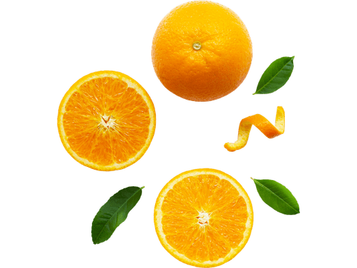 Whole and halved oranges, a natural source of vitamin C