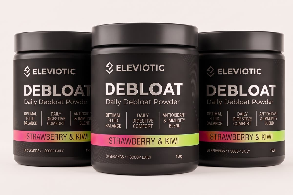 Three tubs of Eleviotic Debloat, Strawberry and Kiwi
