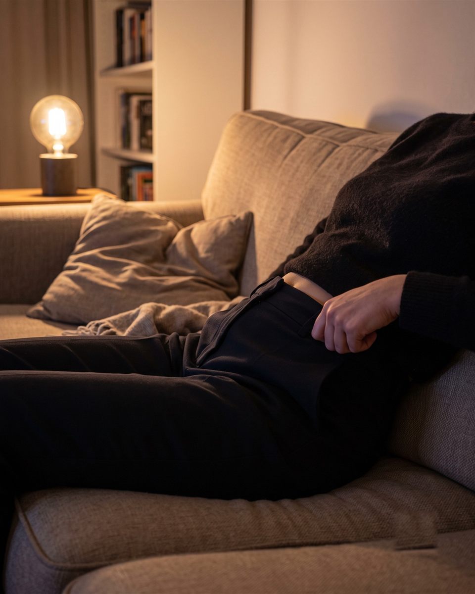 Sitting back on the sofa after dinner, a hand resting at the waistband
