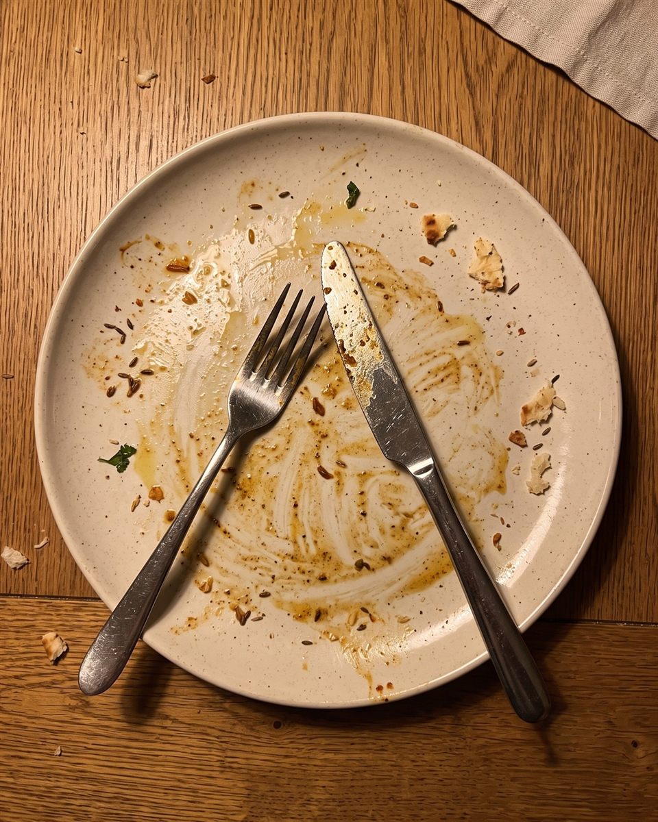 A cleared dinner plate with cutlery resting on it, shot from above