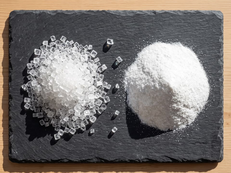 Coarse translucent potassium chloride crystals beside a mound of fine white magnesium citrate on dark slate
