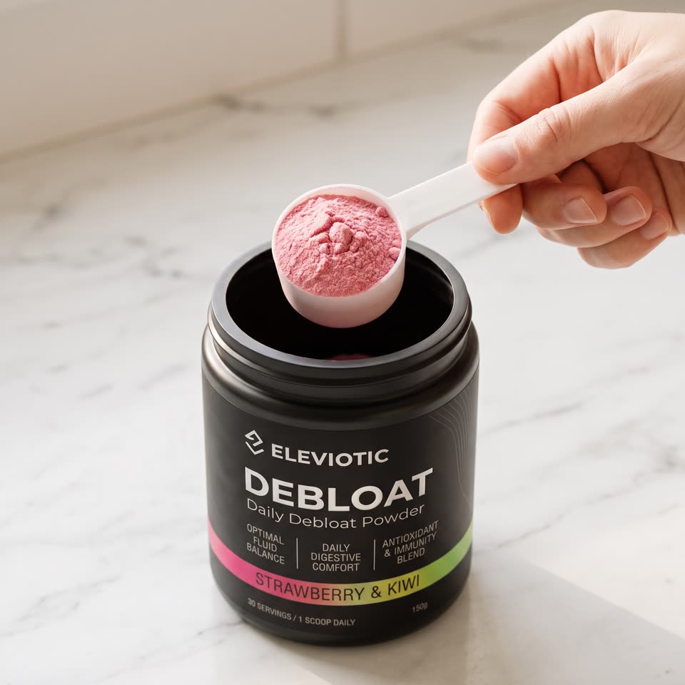 A scoop of pink Debloat powder held above the open tub