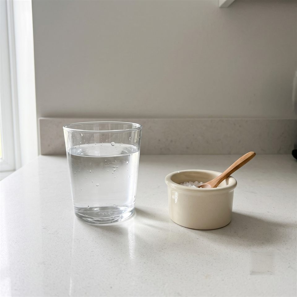 A glass of water beside a small dish of salt on a kitchen counter