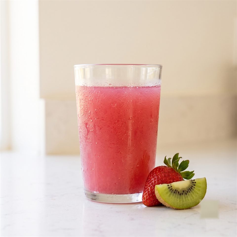 A glass of the finished pink Strawberry and Kiwi drink, fresh fruit beside it
