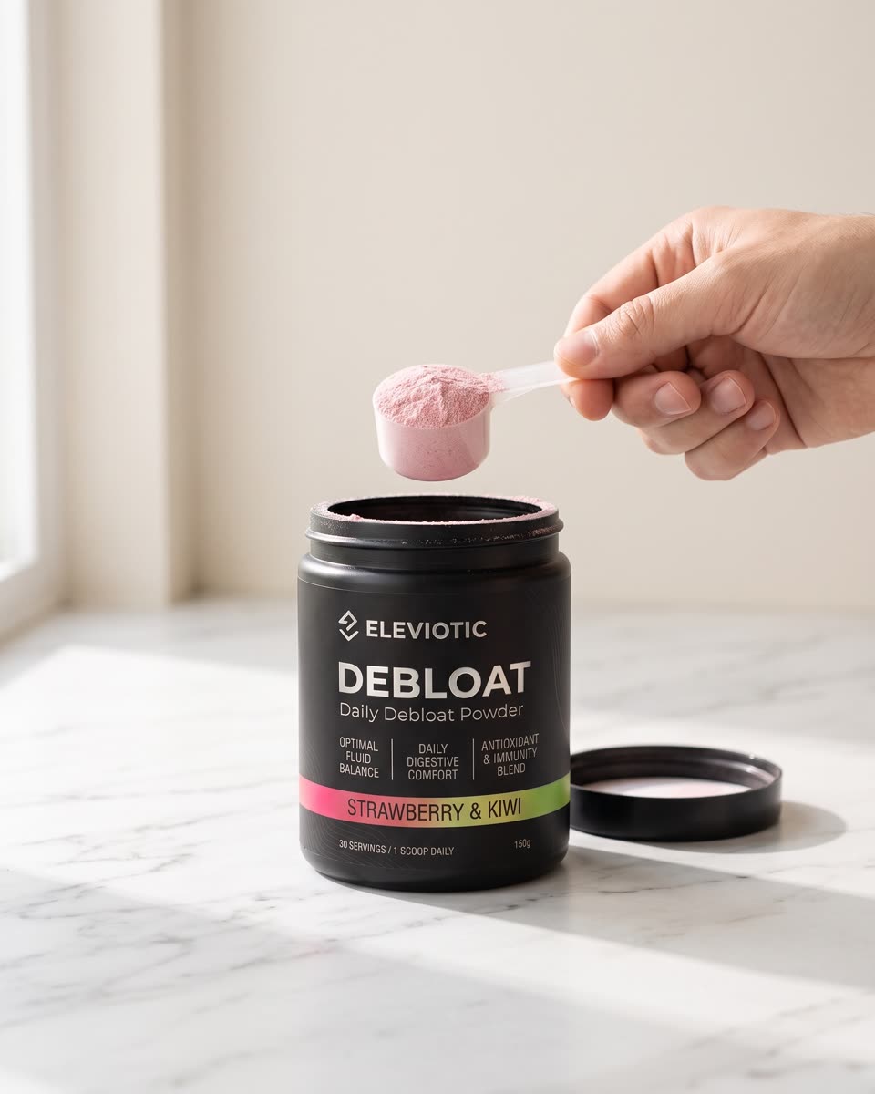 A level scoop of pink powder held over the open Eleviotic Debloat tub