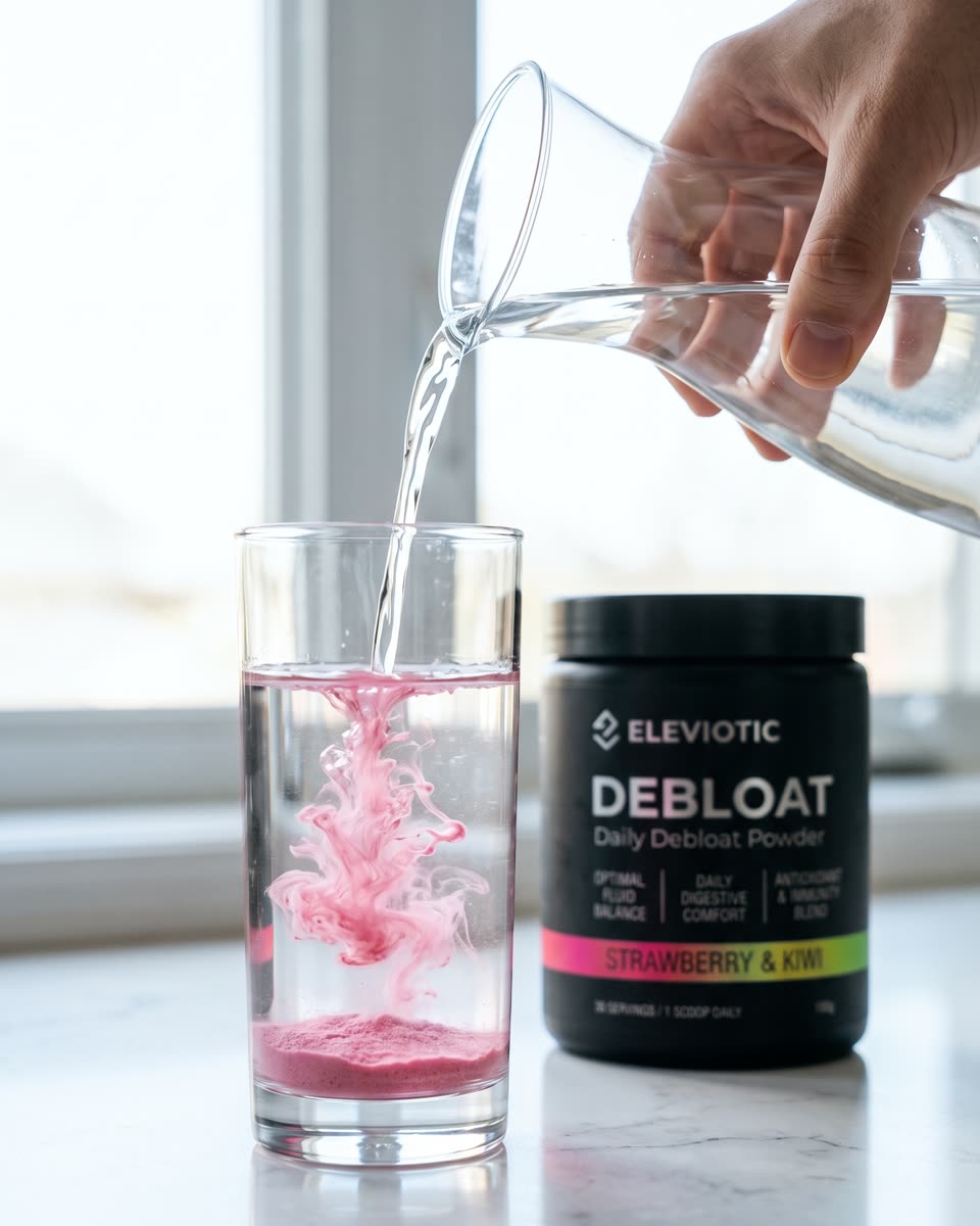 Cold water poured into a glass, the pink powder blooming through it
