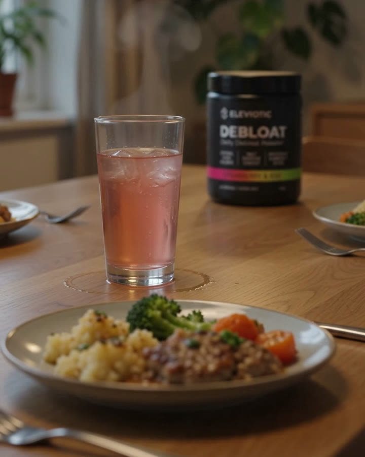 The pink drink standing beside a full dinner plate