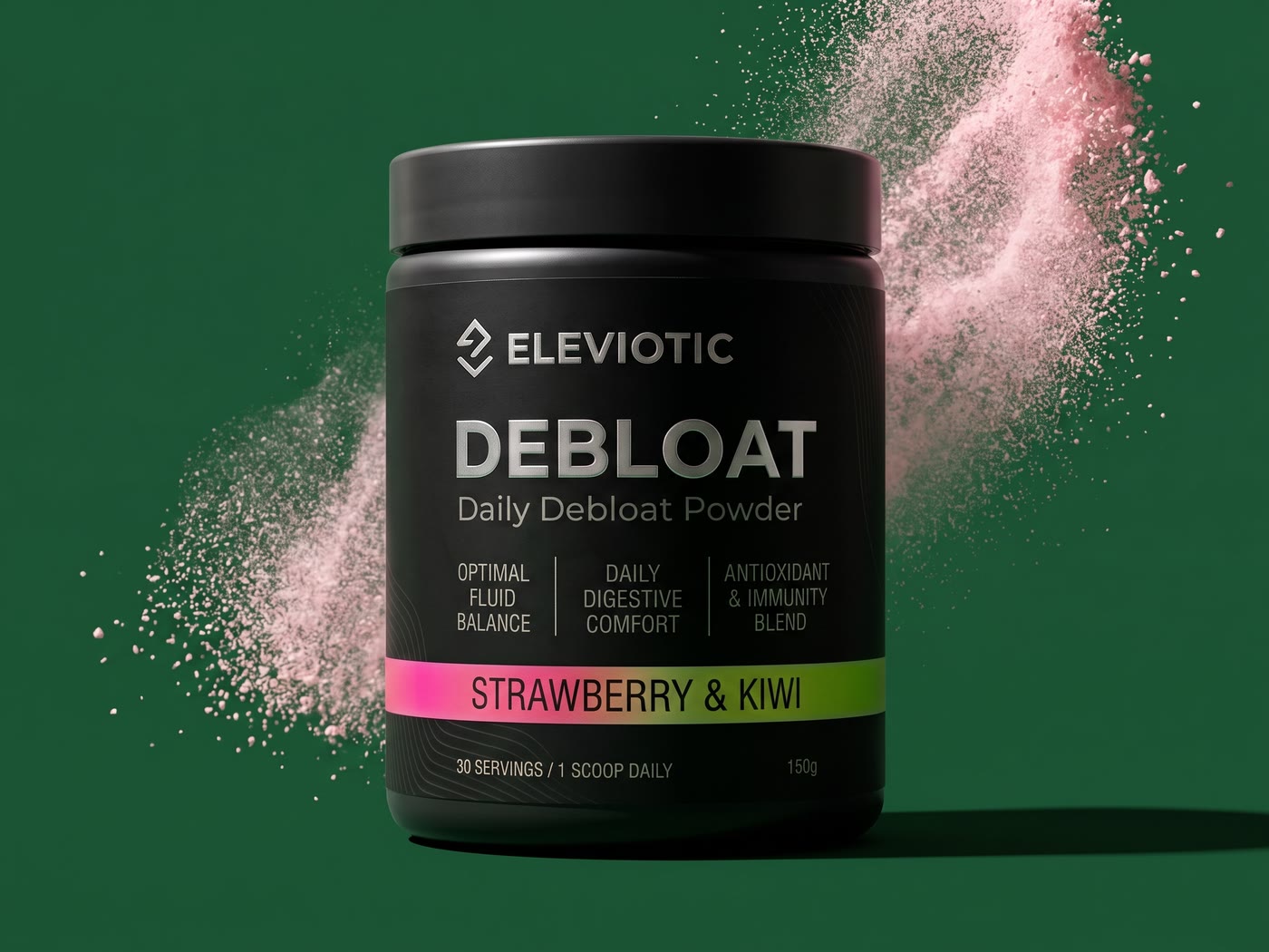 A tub of Eleviotic Debloat on a deep green background, a plume of pink powder behind it