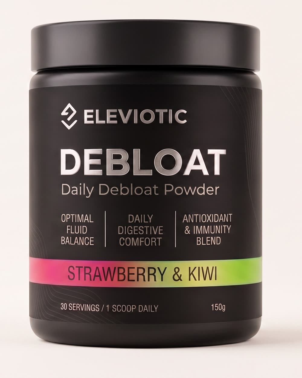 A black 150 g tub of Eleviotic Debloat, Strawberry and Kiwi